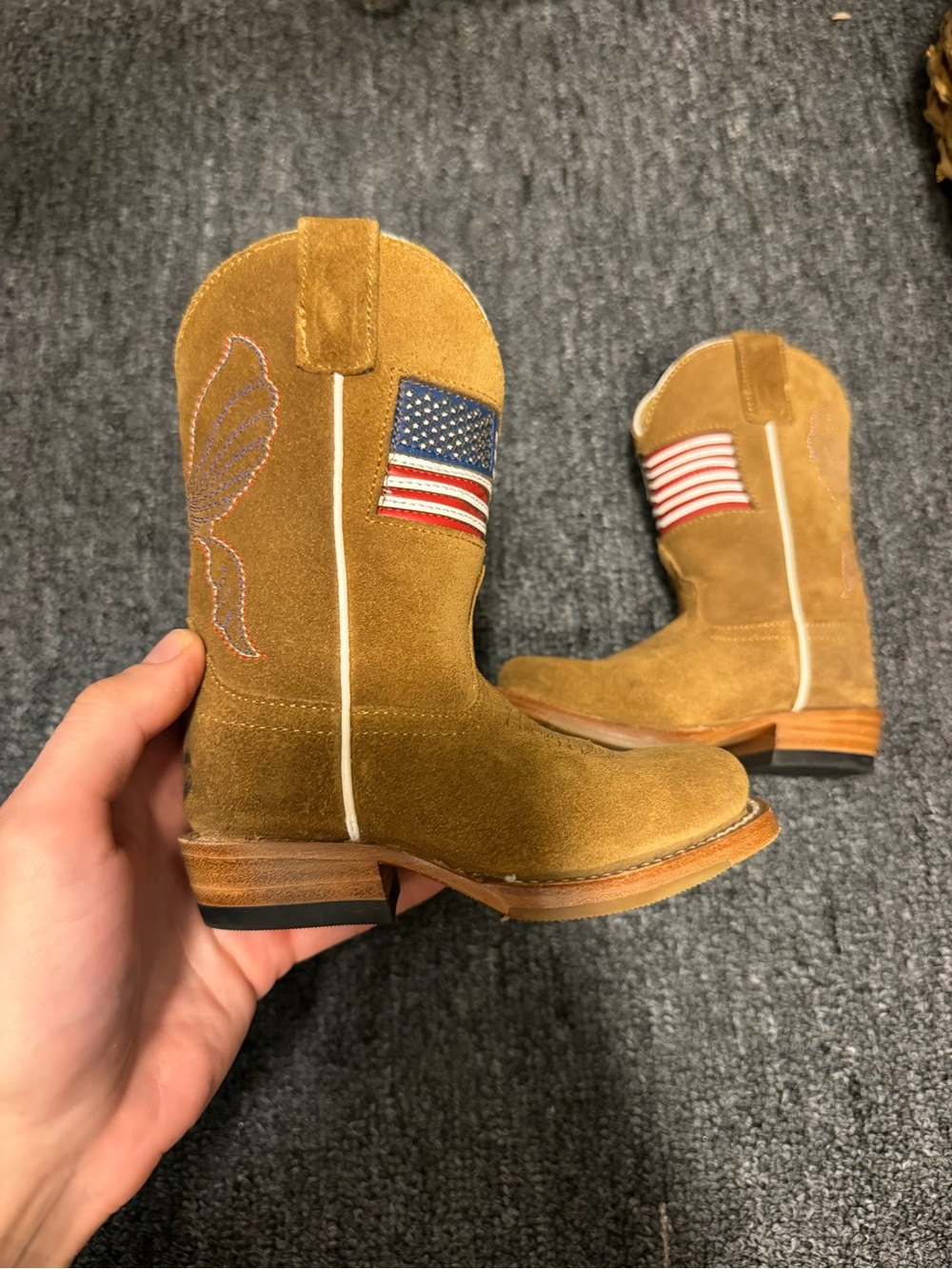 Kids Tan Suede Western Boots with American Flag Accent